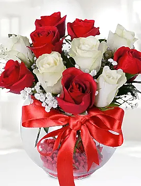 6 kırmızı gül 5 beyaz gül fanus