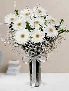 9 beyaz gerbera vazo