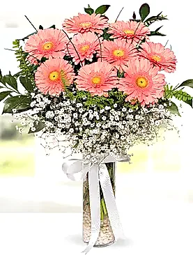 9 pembe gerbera vazo
