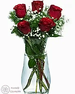 Vazoda 5'li Kırmızı Gül