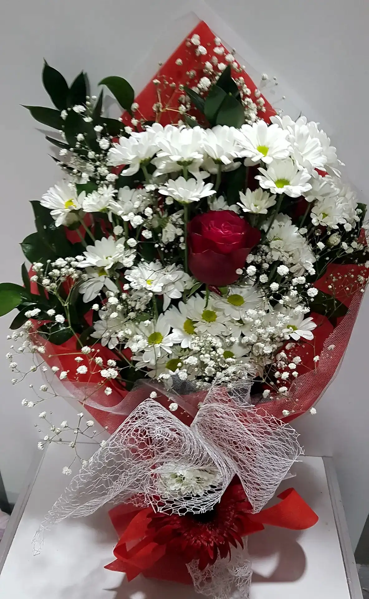 beyaz papatya tek kırmızı gül